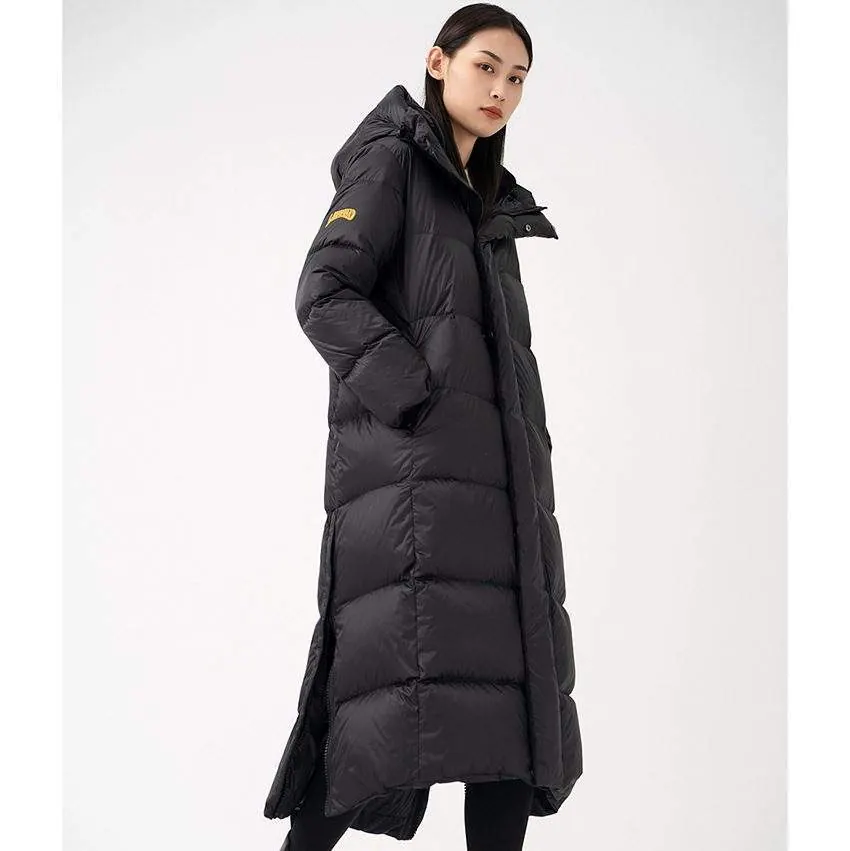 Women's long warm hooded 90 white goose down jacket - product detail image 4 by TRANSION