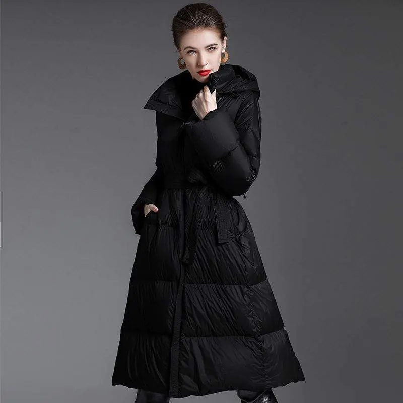 Women's long warm Hoodie 90 white duck down jacket - product detail image 4 by TRANSION