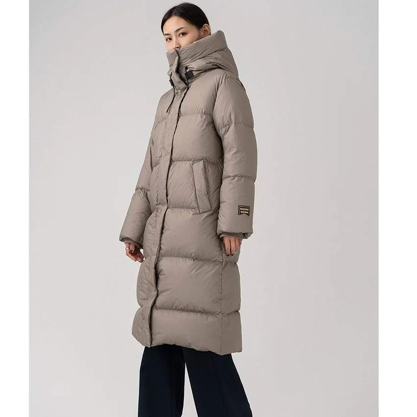 Women's long warm hooded 90 white goose down jacket - custom OEM apparel by TRANSION