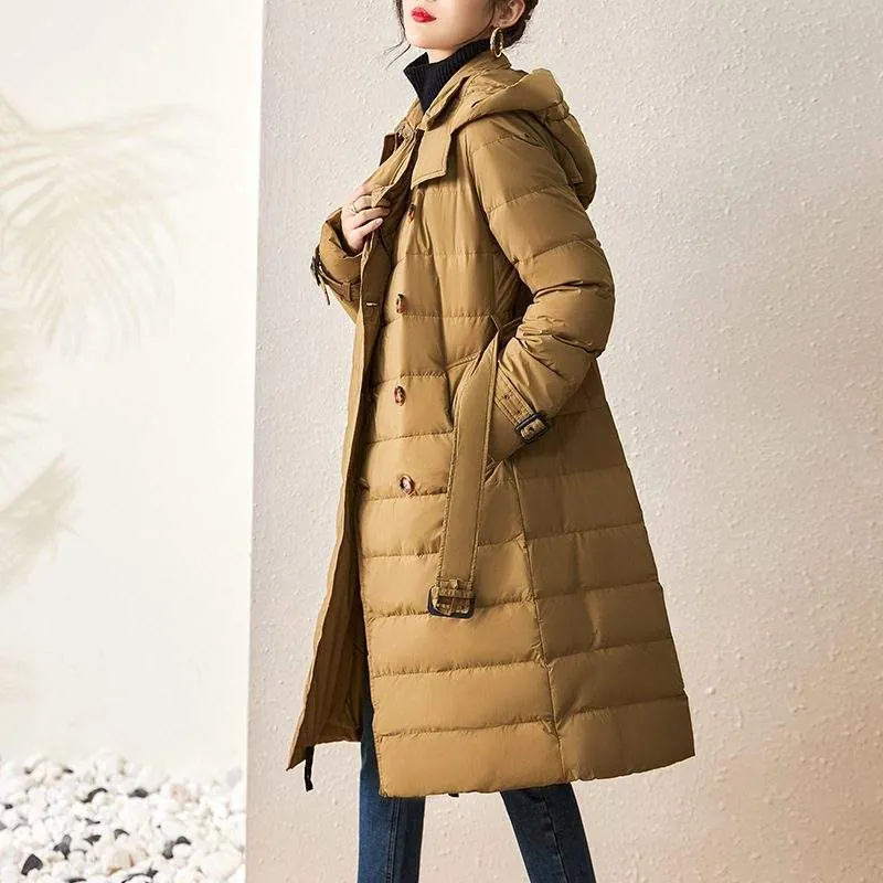 Women's long warm 90 white duck down jacket - custom OEM apparel by TRANSION