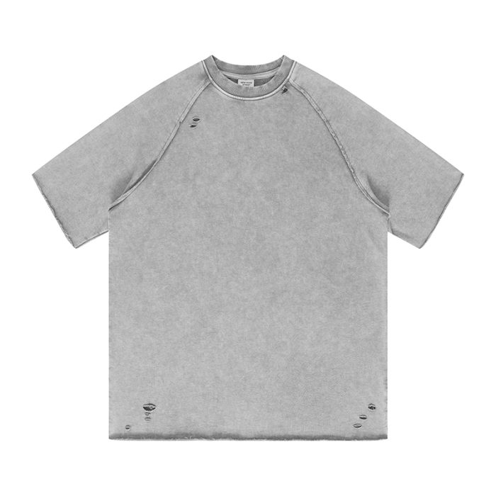320G Heavy Duty Washed and Done Raw Edge Torn Loose T-Shirt - Image 5