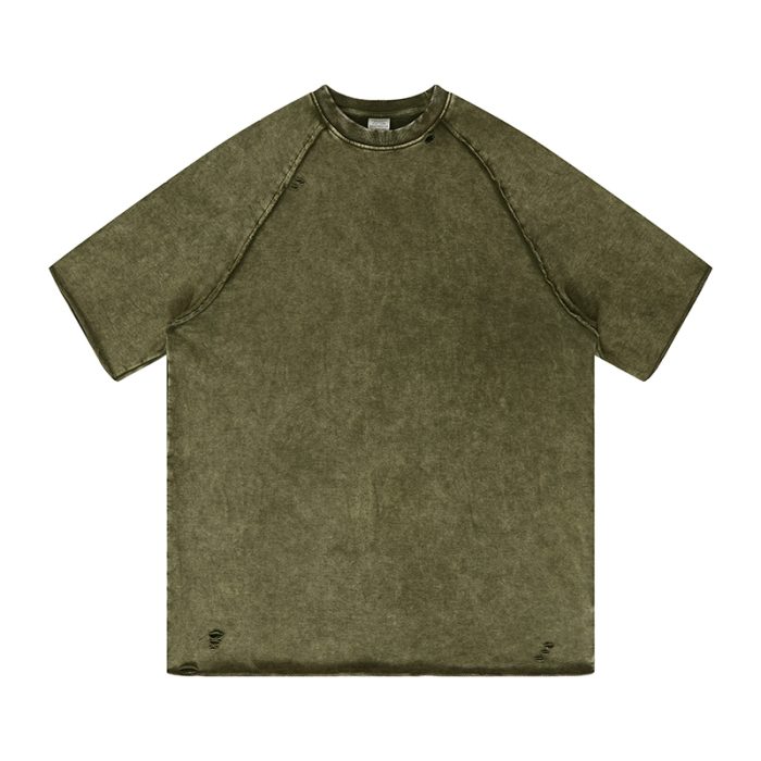 320G Heavy Duty Washed and Done Raw Edge Torn Loose T-Shirt - Image 3