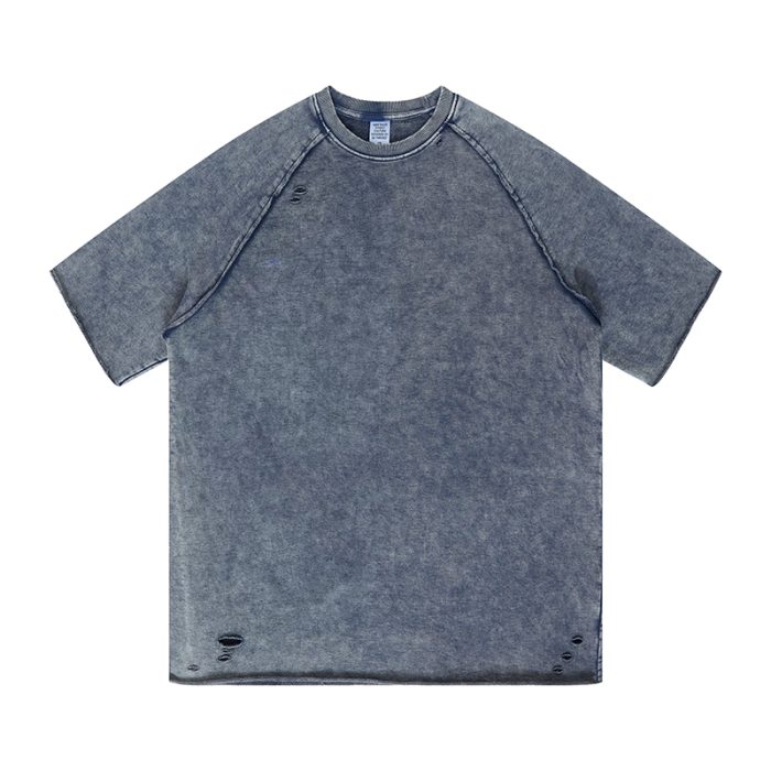 320G Heavy Duty Washed and Done Raw Edge Torn Loose T-Shirt - Image 2
