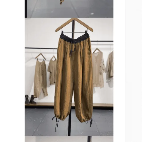Clashing color elastic waist loose drawstring linen harem pants - product detail image 1 by TRANSION