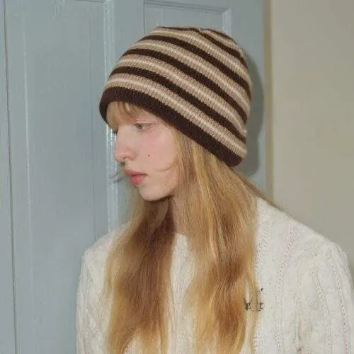 Wool Blend Striped Knit Beanie – Warm Winter Hat - product detail image 3 by TRANSION