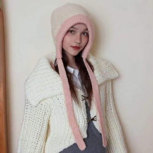 Color-Block Tie-Up Knit Beanie – Warm Women’s Winter Hat - custom OEM apparel by TRANSION