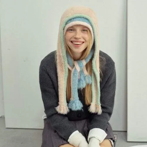 Color Block Soft Faux Mink Knit Hat with Ties – Winter Beanie - custom OEM apparel by TRANSION