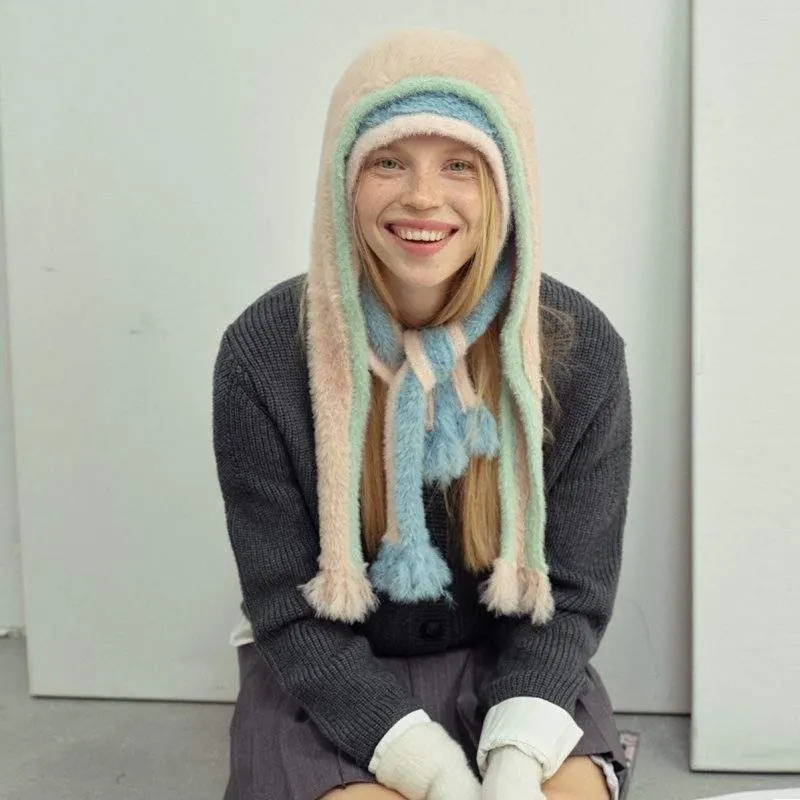 Color Block Soft Faux Mink Knit Hat with Ties – Winter Beanie - custom OEM apparel by TRANSION