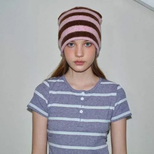 Wool Blend Striped Knit Beanie Hat for Women | Winter Warm Cap - custom OEM apparel by TRANSION