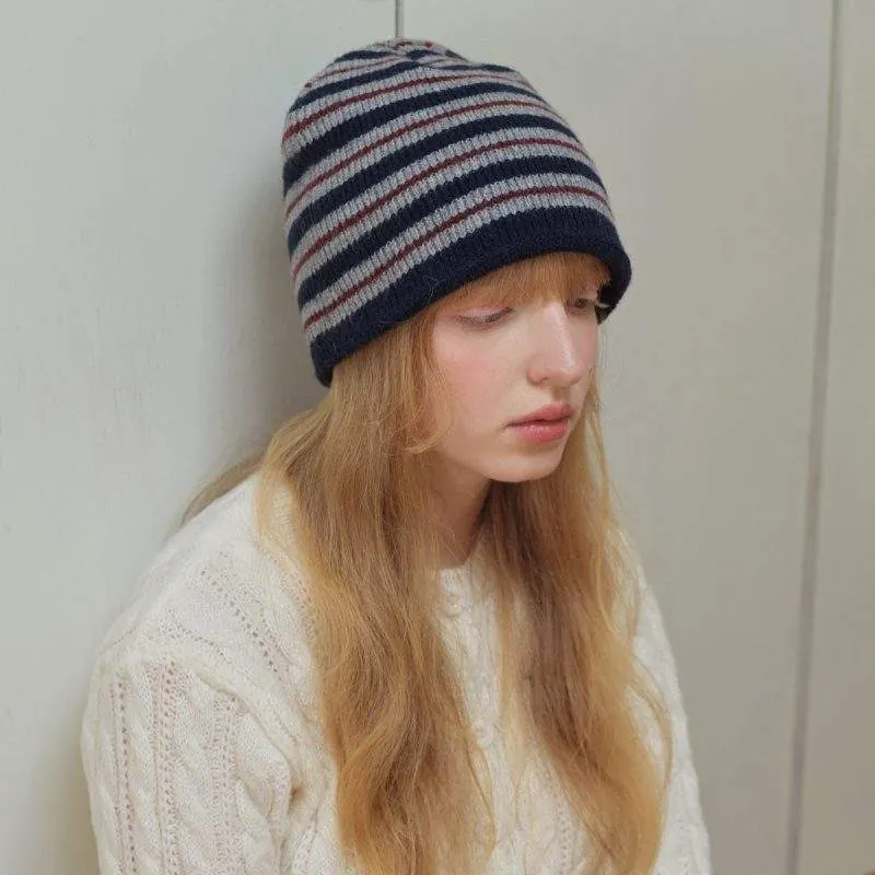 Wool Blend Striped Knit Beanie – Warm Winter Hat - custom OEM apparel by TRANSION