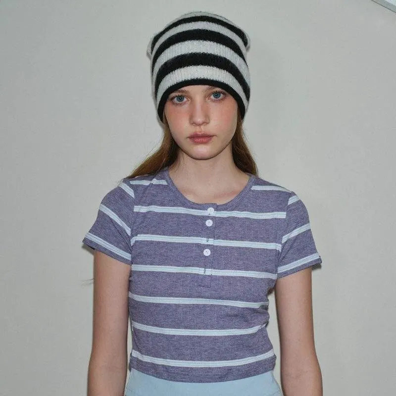 Wool Blend Striped Knit Beanie Hat for Women | Winter Warm Cap - product detail image 1 by TRANSION