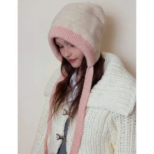 Color-Block Tie-Up Knit Beanie – Warm Women’s Winter Hat - product detail image 1 by TRANSION