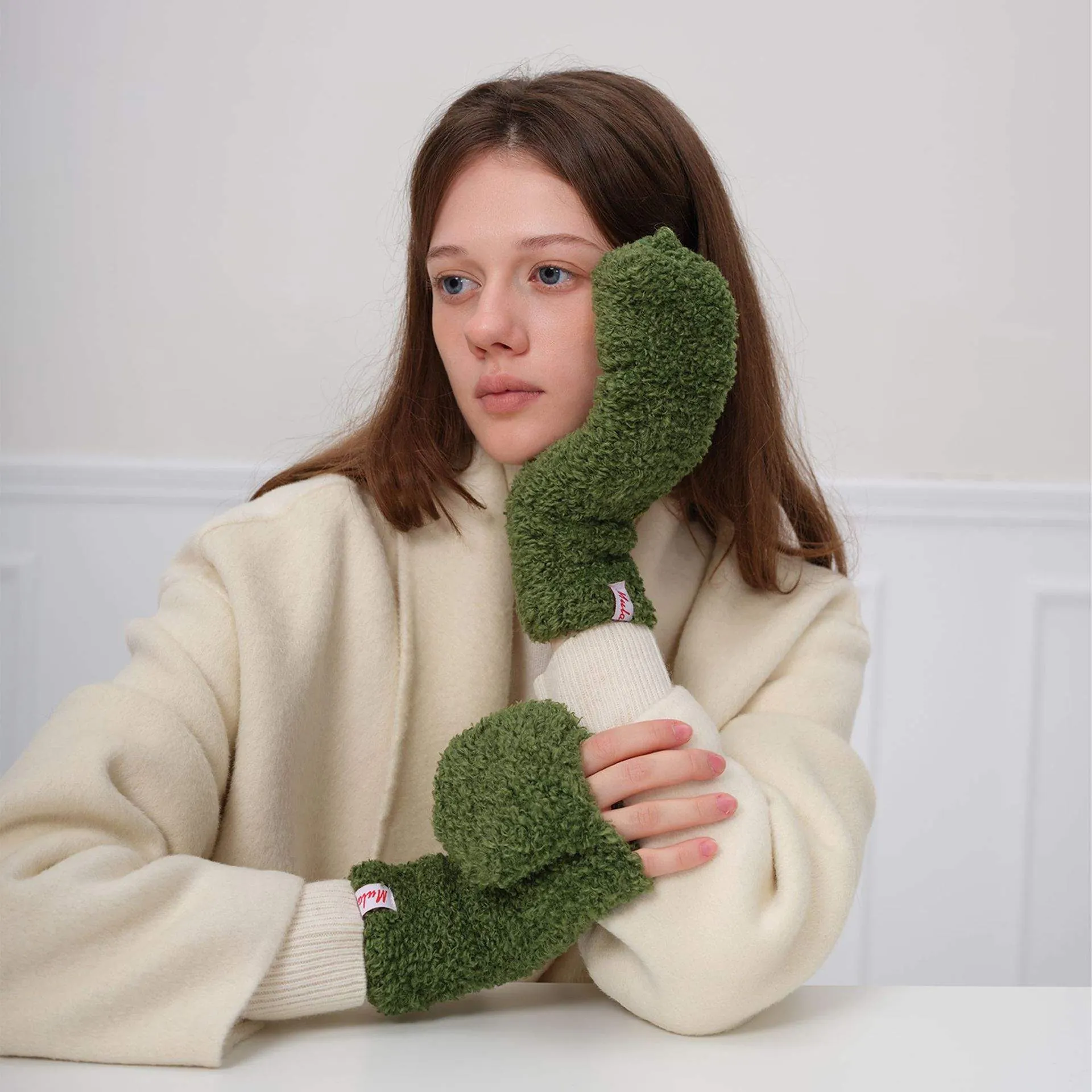 Thick Plush Flip Fingerless Gloves – Warm Winter Gloves for Women - product detail image 1 by TRANSION
