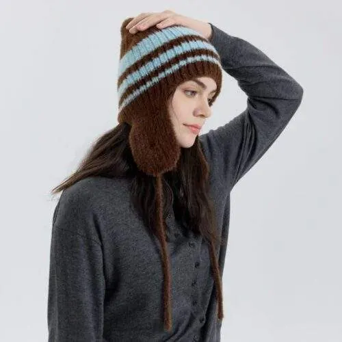 Color-Block Stripe Tie-Up Knit Beanie with Ear Flaps – Women Winter - custom OEM apparel by TRANSION