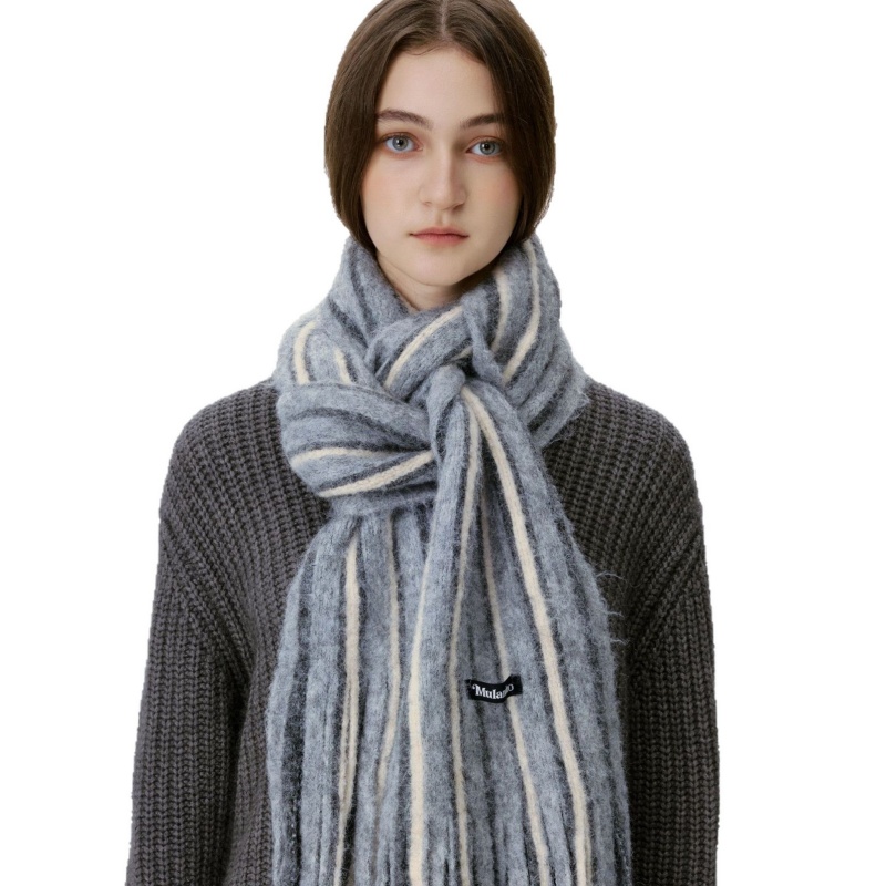 Color Block Striped Long Wool Blend Tassel Scarf for Women Winter - Image 4