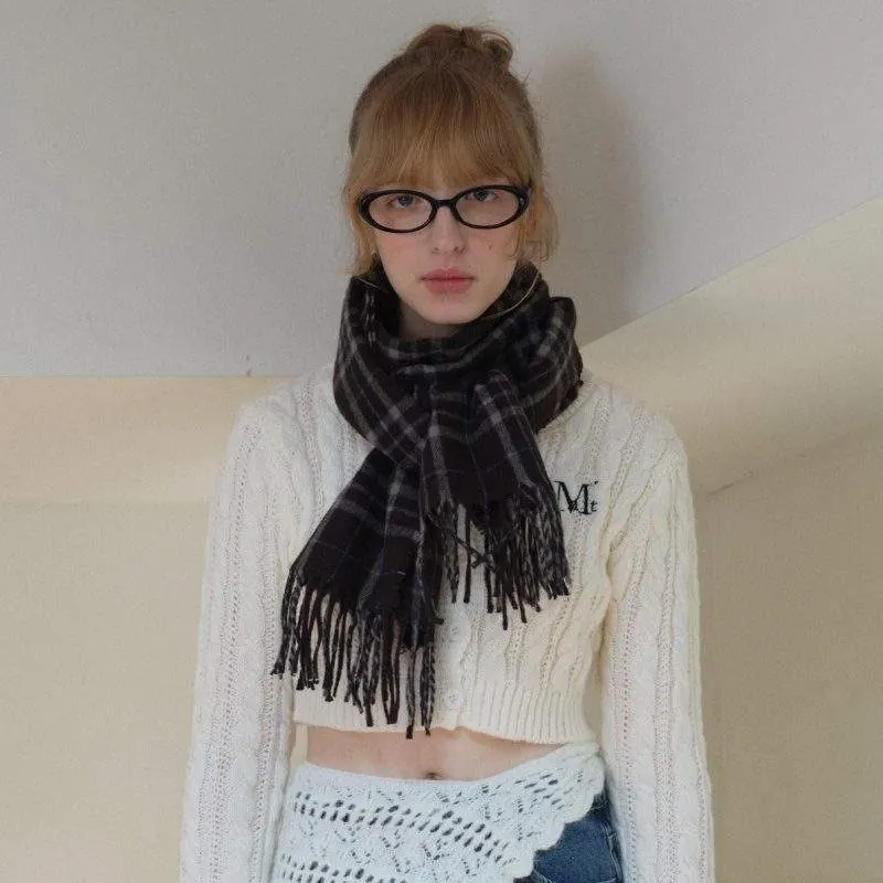 Wool Blend Brown Plaid Tassel Scarf – Warm Winter Scarf for Women - product detail image 2 by TRANSION