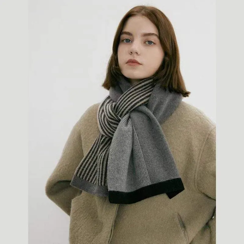 Retro Warm Winter Knit Scarf with Stripe Patchwork - product detail image 1 by TRANSION