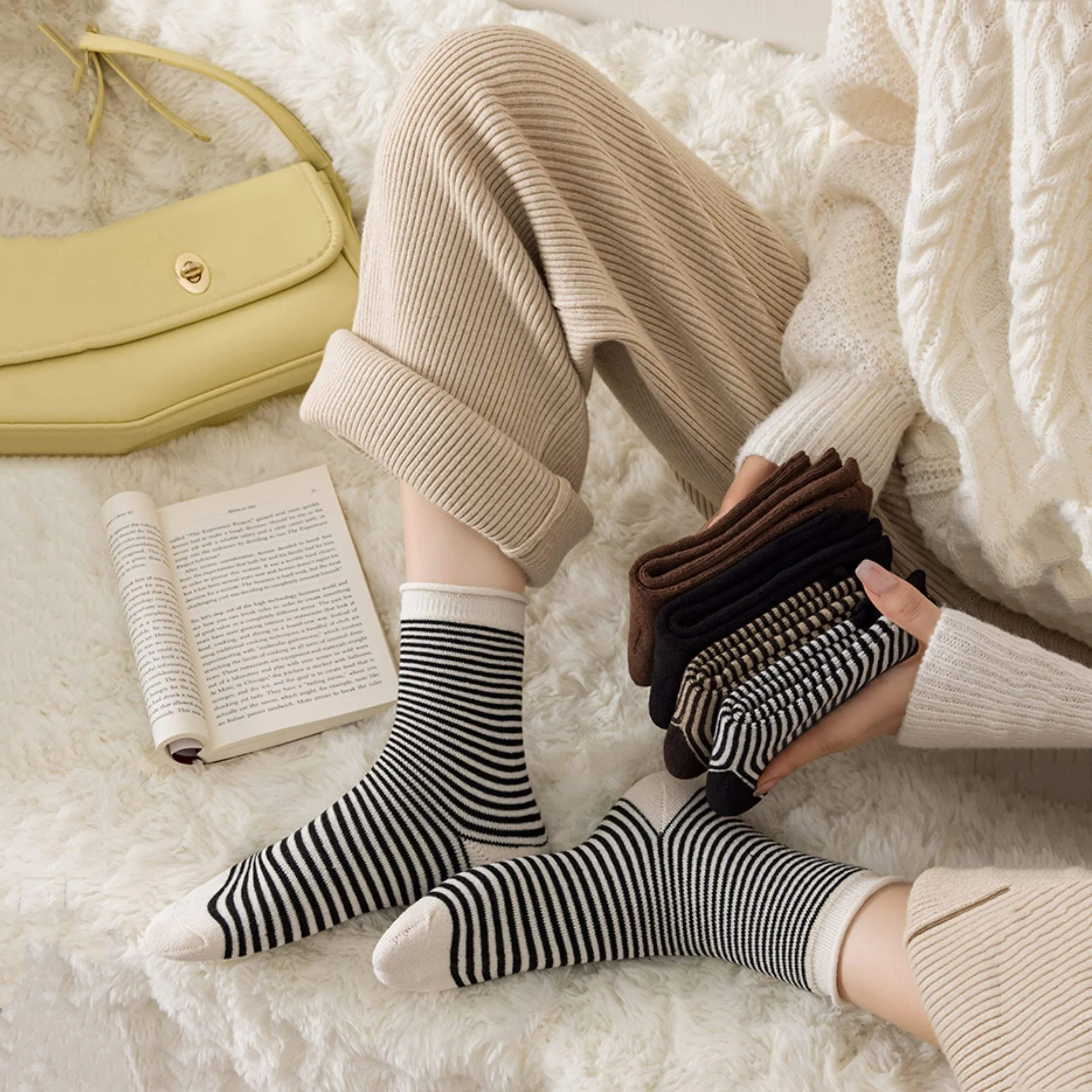 Brown Striped Terry Socks – Thick Warm Autumn Winter Socks - custom OEM apparel by TRANSION