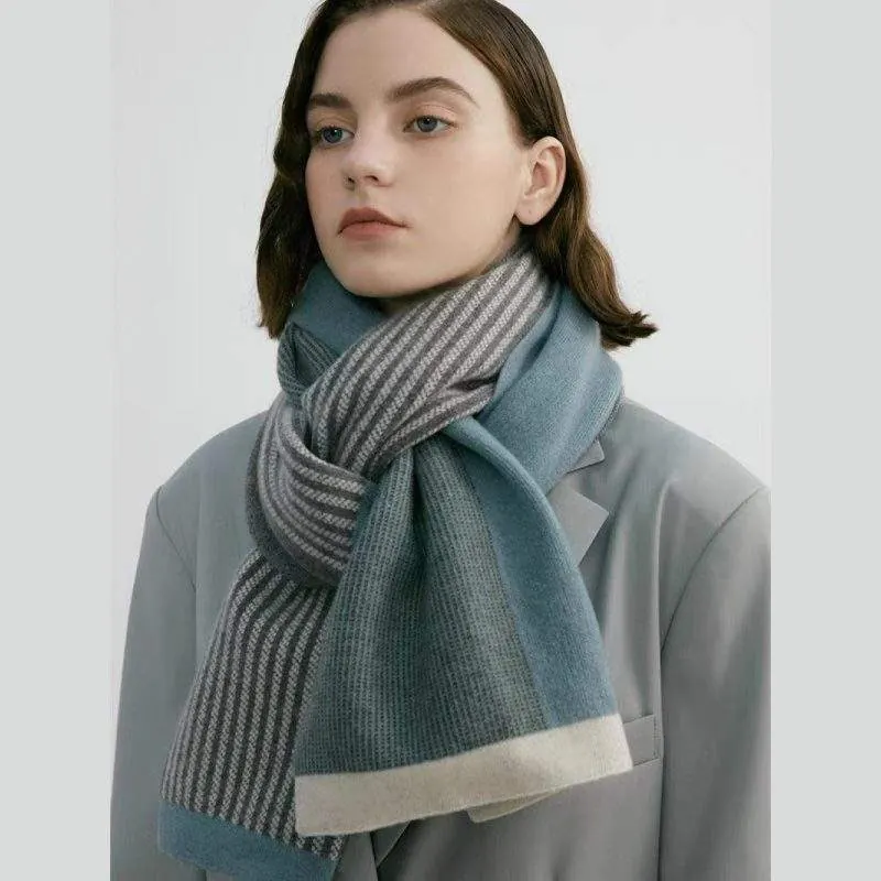 Retro Warm Winter Knit Scarf with Stripe Patchwork - product detail image 2 by TRANSION