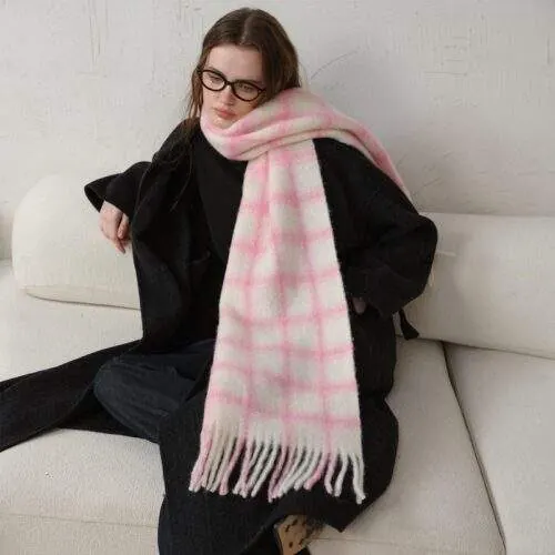 Wool Pink Plaid Scarf for Women – Soft & Simple Autumn/Winter - product detail image 3 by TRANSION