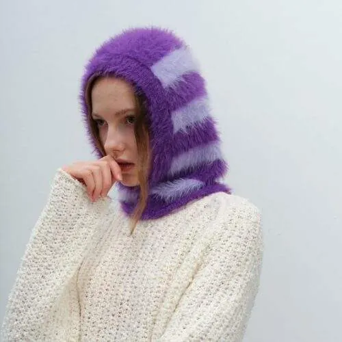 Autumn Winter Patchwork Faux Mink Knit Pull-On Beanie Hat - product detail image 1 by TRANSION