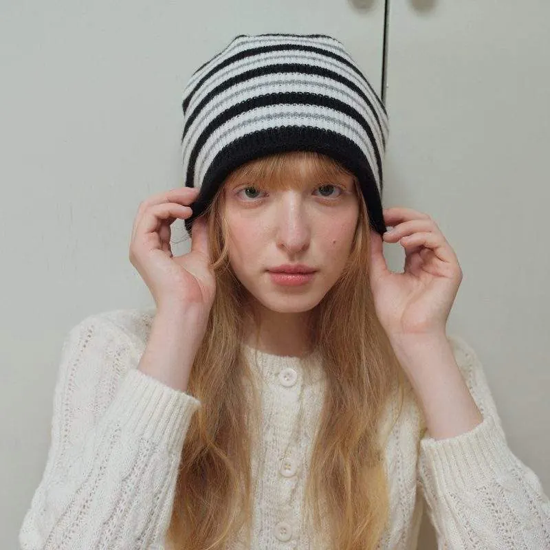 Wool Blend Striped Knit Beanie – Warm Winter Hat - product detail image 2 by TRANSION