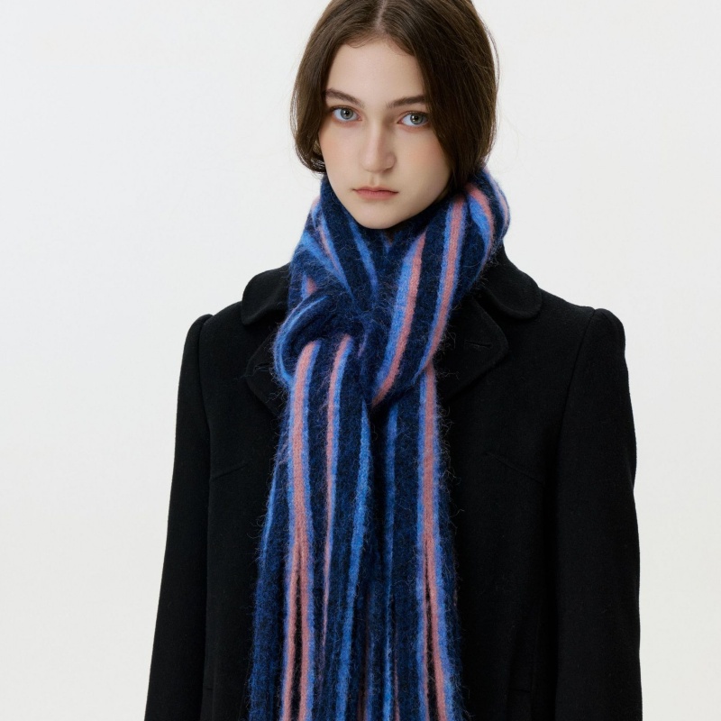 Color Block Striped Long Wool Blend Tassel Scarf for Women Winter