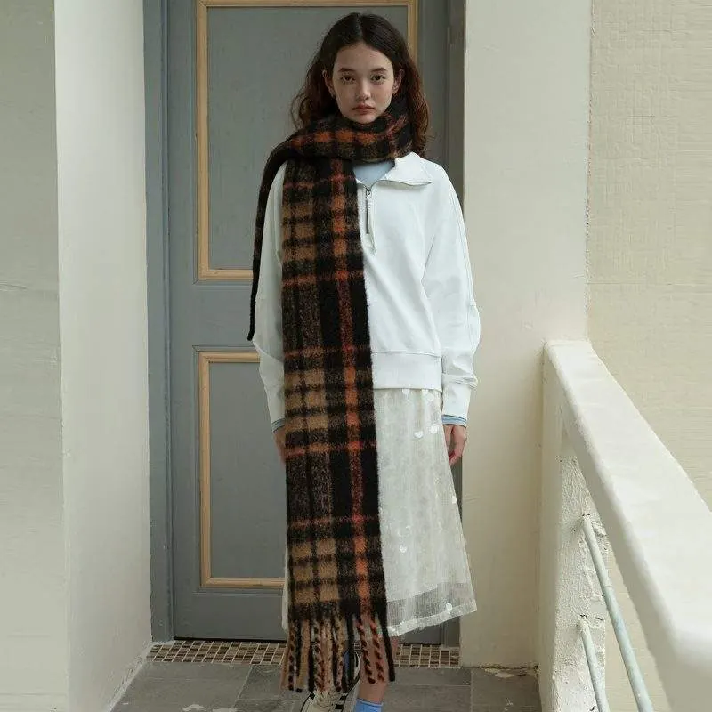 Wool Blend Plaid Tassel Scarf – Women Winter Warm Scarf - product detail image 1 by TRANSION