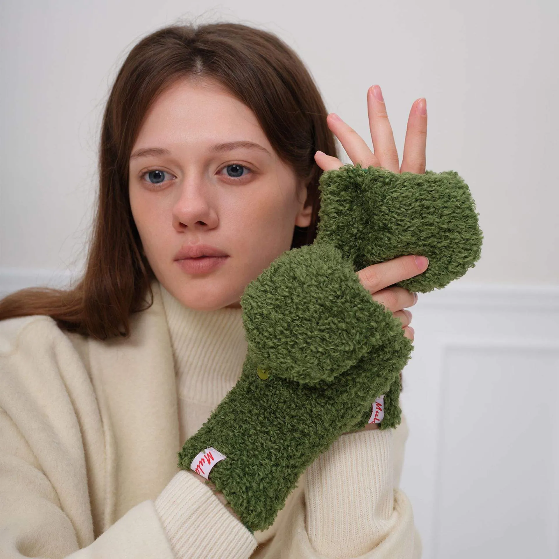 Thick Plush Flip Fingerless Gloves – Warm Winter Gloves for Women - product detail image 2 by TRANSION