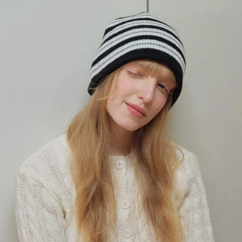 Wool Blend Striped Knit Beanie – Warm Winter Hat - product detail image 1 by TRANSION