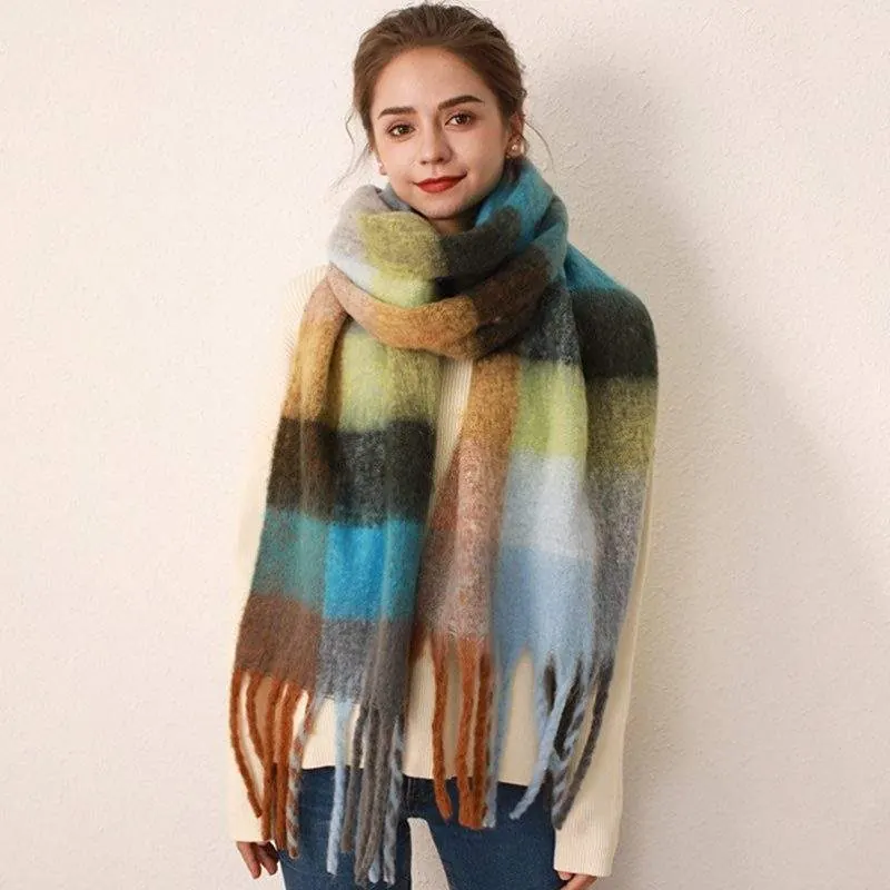 Plaid Faux Cashmere Mohair Scarf for Winter - product detail image 3 by TRANSION