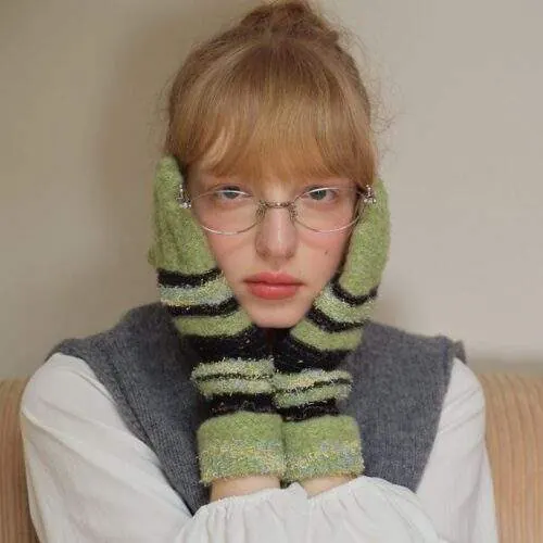 Patchwork Striped Knit Fingerless Gloves – Warm Winter Gloves - custom OEM apparel by TRANSION
