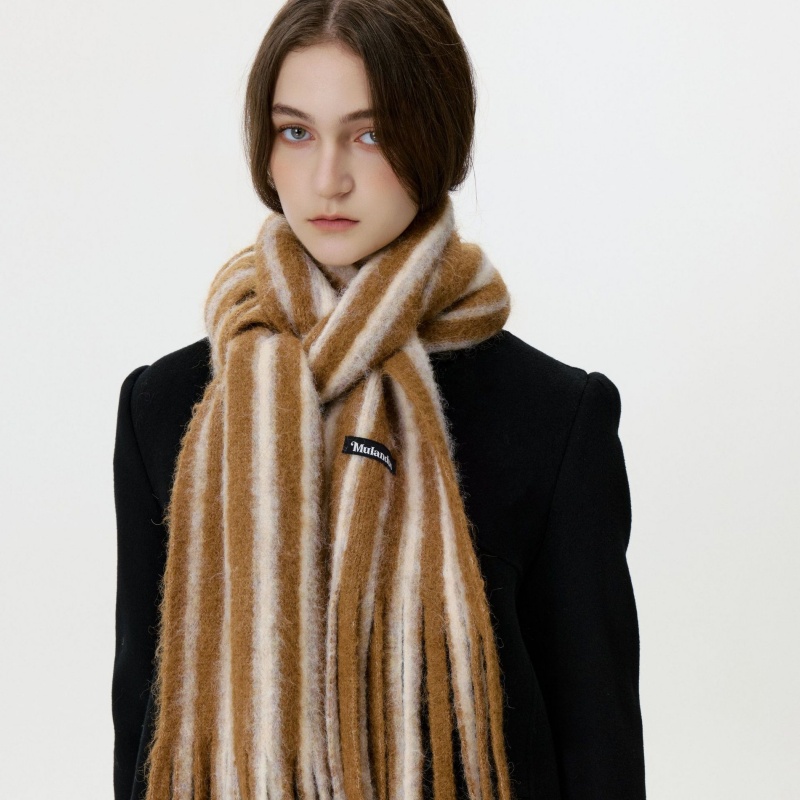 Color Block Striped Long Wool Blend Tassel Scarf for Women Winter - Image 3