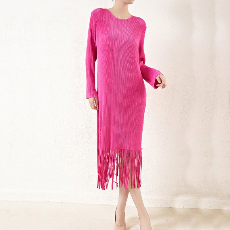 Factory Customized Women's Spring and Autumn Style Hem Tassel Pleated Long Sleeve Round Neck Loose Dress