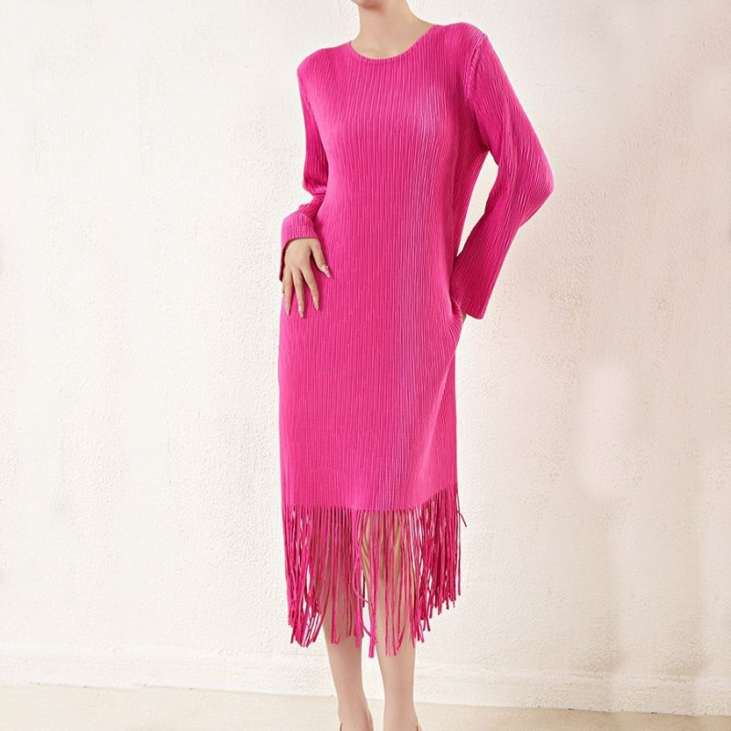 Factory Customized Women's Spring and Autumn Style Hem Tassel Pleated Long Sleeve Round Neck Loose Dress - Image 2