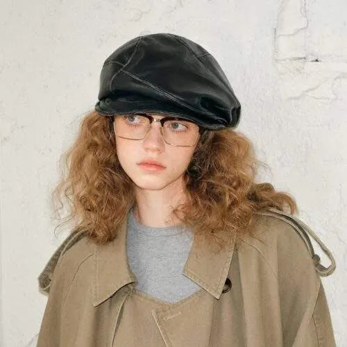 Women’s Asymmetric Ruched Leather Beret – Fashion Octagonal Newsboy Cap - product detail image 3 by TRANSION