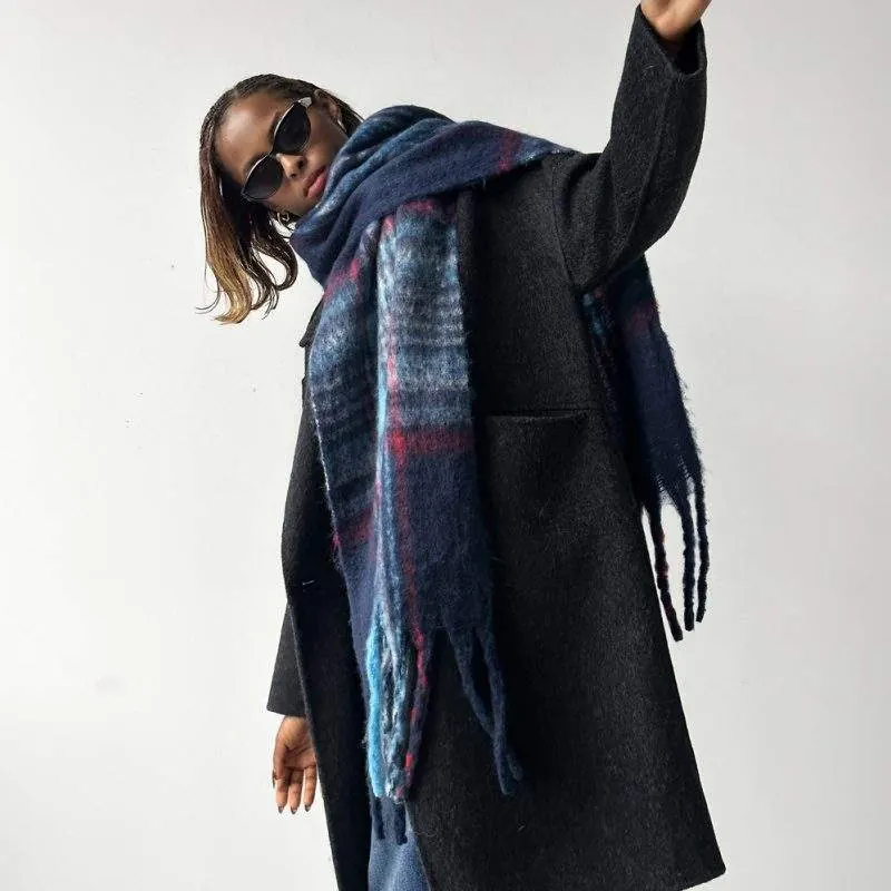 Fleece-Lined Mohair Plaid Scarf | Soft Thick Warm Winter Neck Warmer - product detail image 3 by TRANSION
