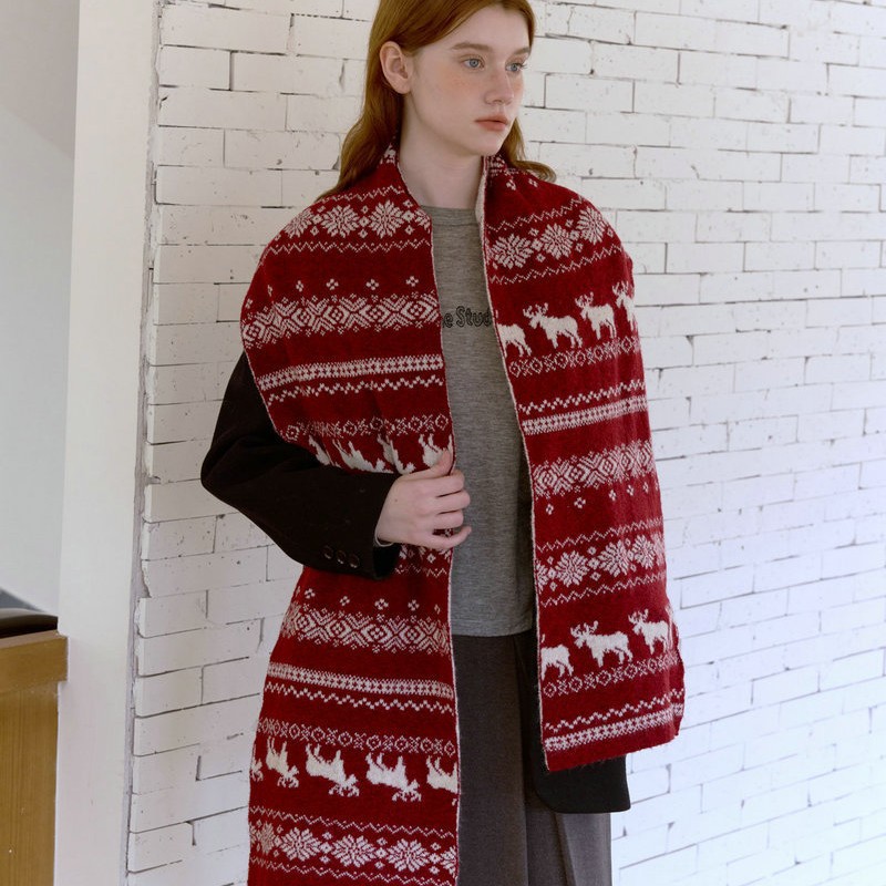 Reversible Reindeer Jacquard Knit Scarf | Women’s Vintage Winter Warm Scarf