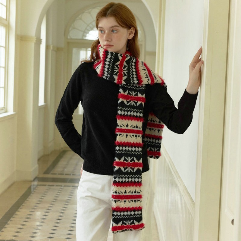 Fair Isle Black & Red Scarf | Warm Winter Colorblock Scarf - Image 4