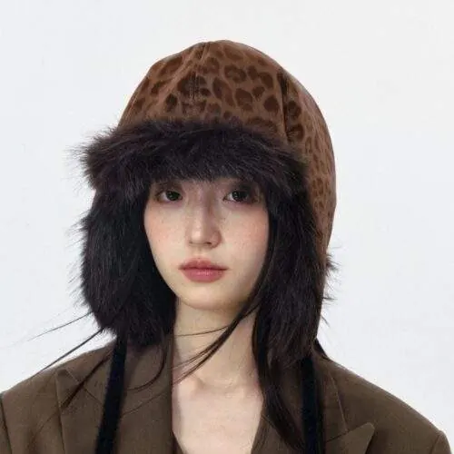 Vintage Leopard Print Plush Earflap Hat - custom OEM apparel by TRANSION