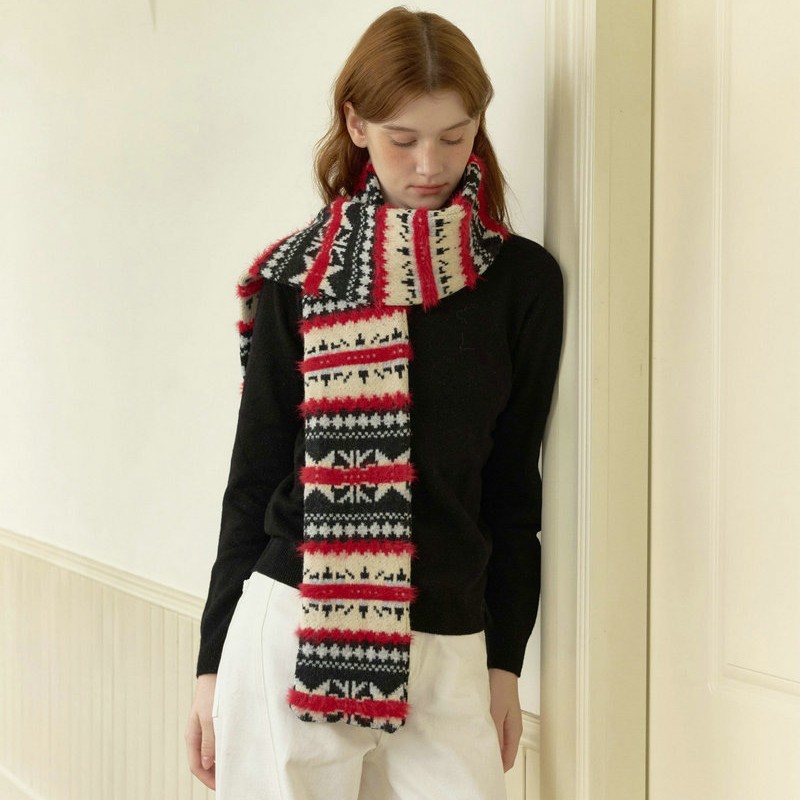 Fair Isle Black & Red Scarf | Warm Winter Colorblock Scarf