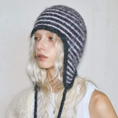 Striped Knit Tie-Up Earflap Hat | Warm Winter Thick Beanie - product detail image 1 by TRANSION