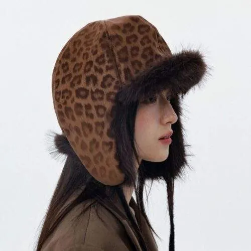 Vintage Leopard Print Plush Earflap Hat - product detail image 1 by TRANSION