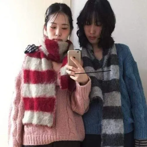 Fluffy Mohair Striped Warm Neck Warmer | Soft Thick Winter Knit Scarf - product detail image 1 by TRANSION