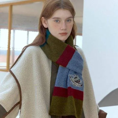 Color-Block Striped Embroidered Knit Scarf | Women's Warm Neck Warmer - product detail image 3 by TRANSION