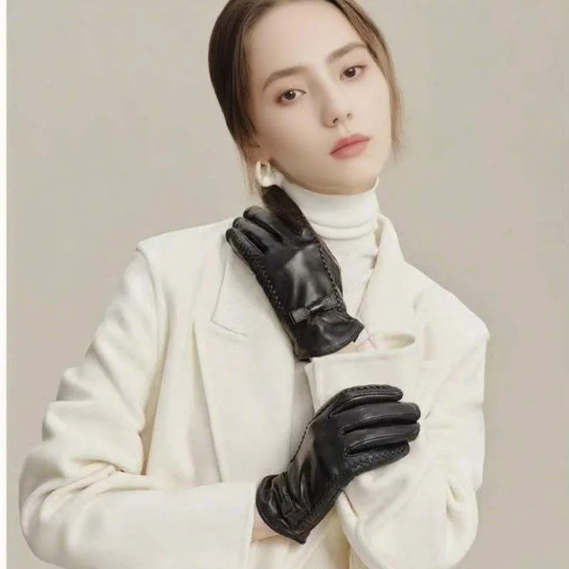 Women’s Thick Fleece-Lined Leather Gloves | Winter Warm Windproof Touchscreen Gloves - product detail image 1 by TRANSION