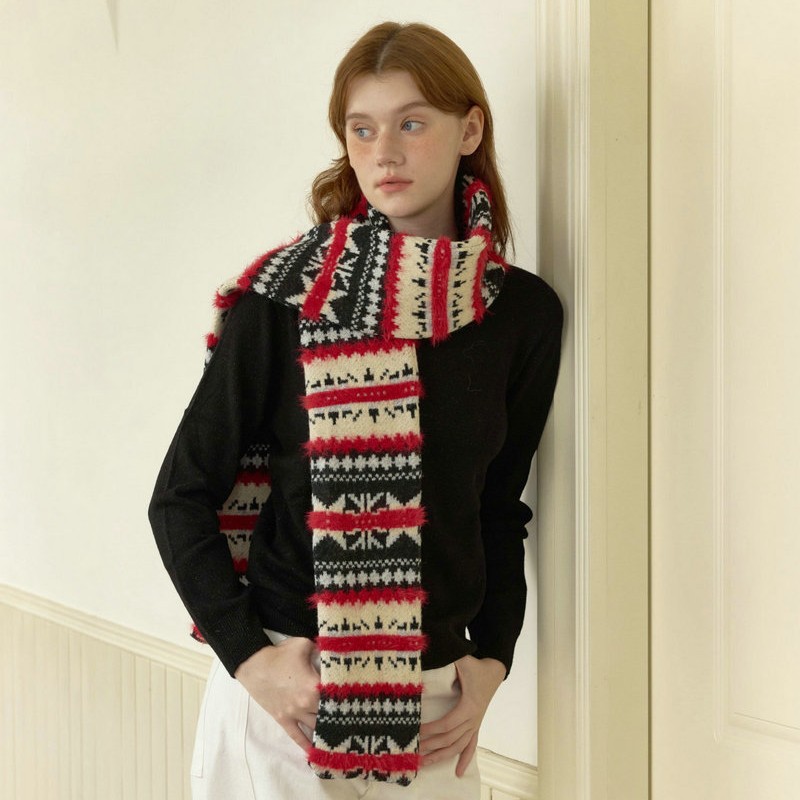 Fair Isle Black & Red Scarf | Warm Winter Colorblock Scarf - Image 2