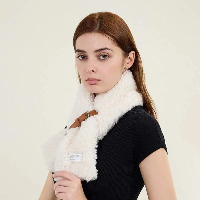 Solid Color Furry Neck Warmer – Thickened Winter Warm Scarf with Buckle - product detail image 3 by TRANSION
