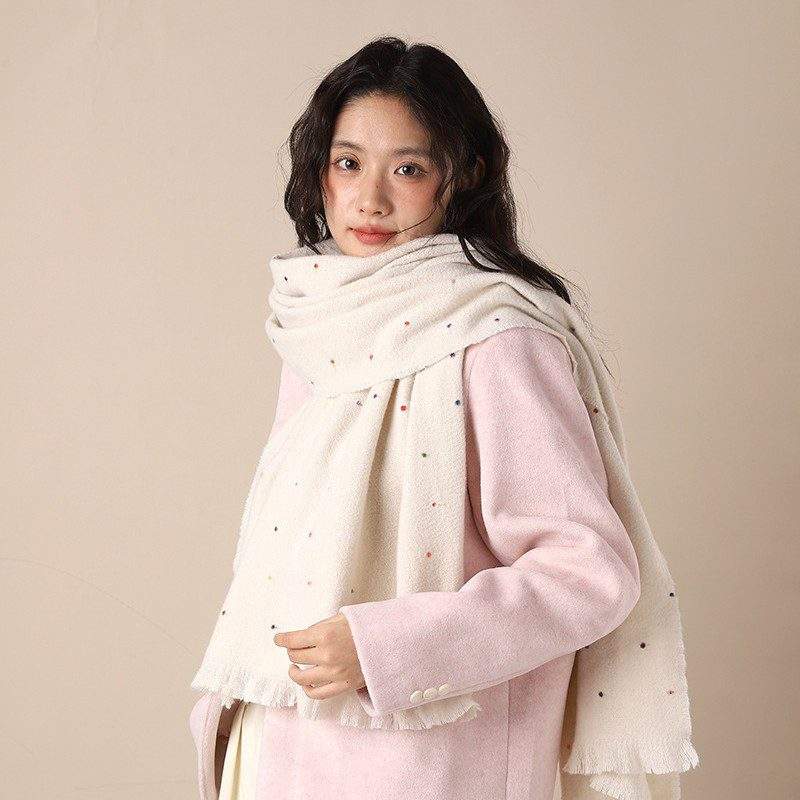 Solid Color Polka Dot Fringe Scarf | Warm Autumn Winter Scarf for Women - Image 3