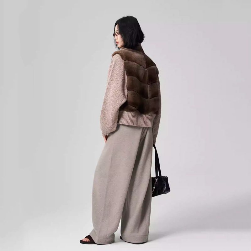 Women’s Blended Rex Rabbit Fur Jacket with Wool Knit Sleeves – Luxury Winter Coat - Image 4